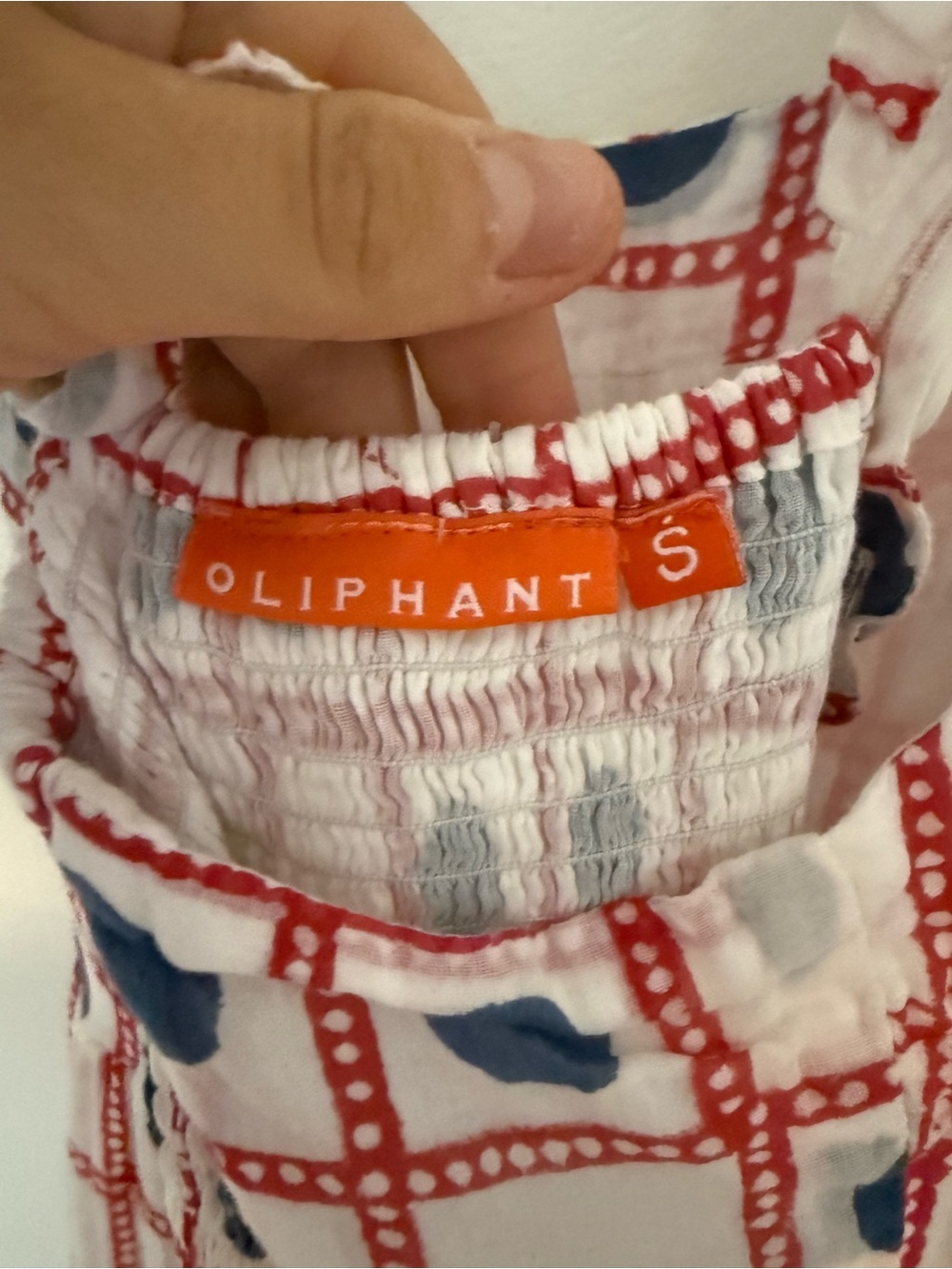 Oliphant Dress Crossed Back Midi Ruffle Strap in Domino Red White Blue Print - Picture 4 of 6